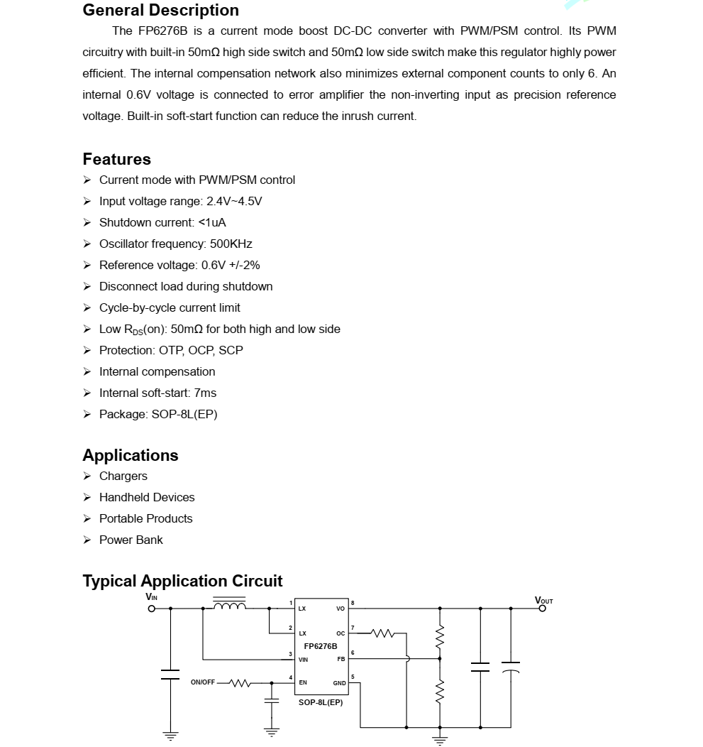 FP6276B 是一種電流模式升壓 DC-DC 轉(zhuǎn)換器，采用 PWM/PSM控制 