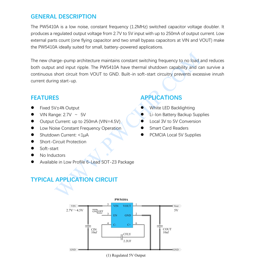 PW5410A輸出5V，穩(wěn)壓電荷泵DC/DC轉換器 