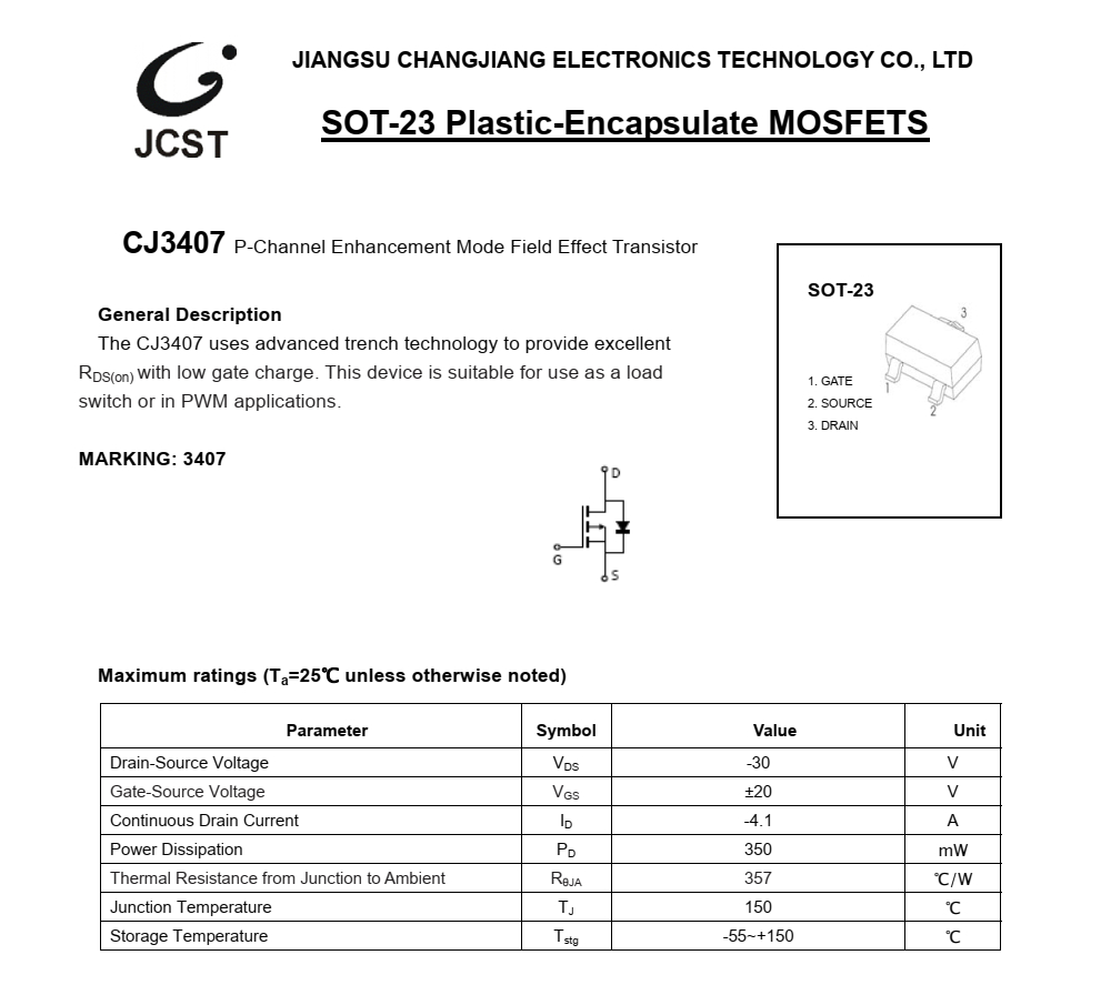 原裝現(xiàn)貨供應(yīng)CJ3407封裝SOT23-3品牌長電