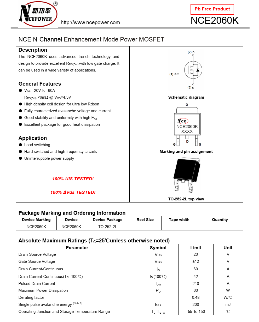 NCE2060K封裝TO252品牌新潔能，原廠技術(shù)支持