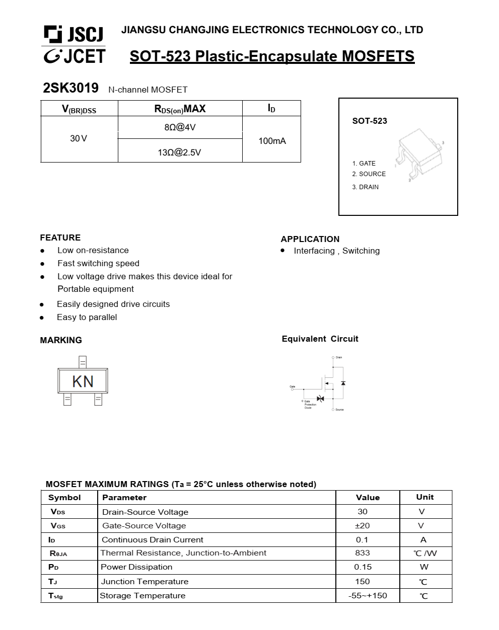 原裝2SK3019封裝SOT23-3品牌長電，原廠技術(shù)支持