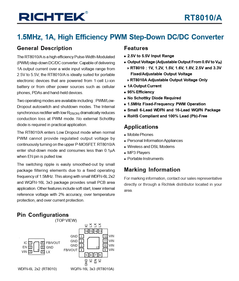 全新供應RT8010GQW封裝DFN-6品牌臺灣立锜