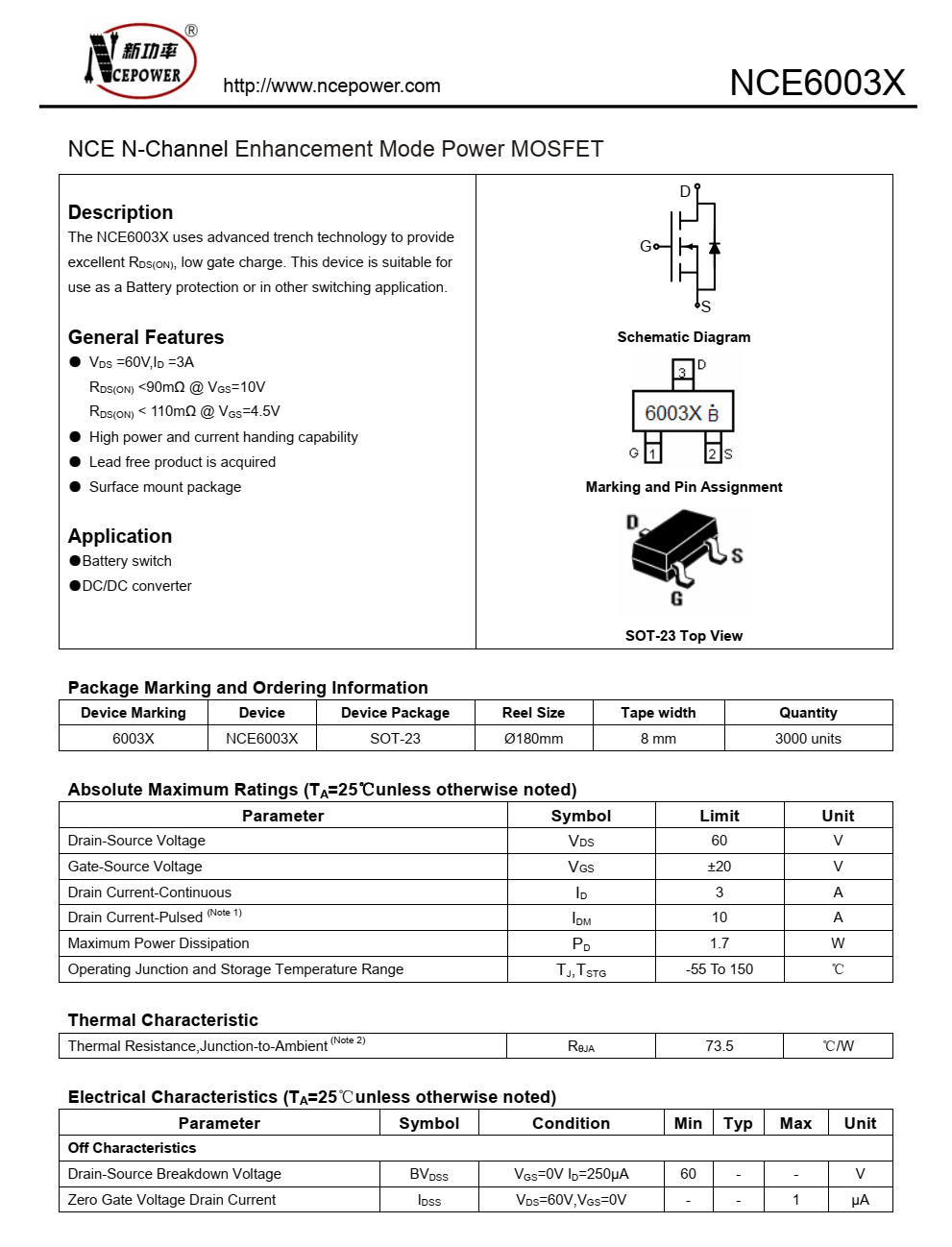 NCE6003X封裝SOT23-3品牌新潔能，質(zhì)量可靠