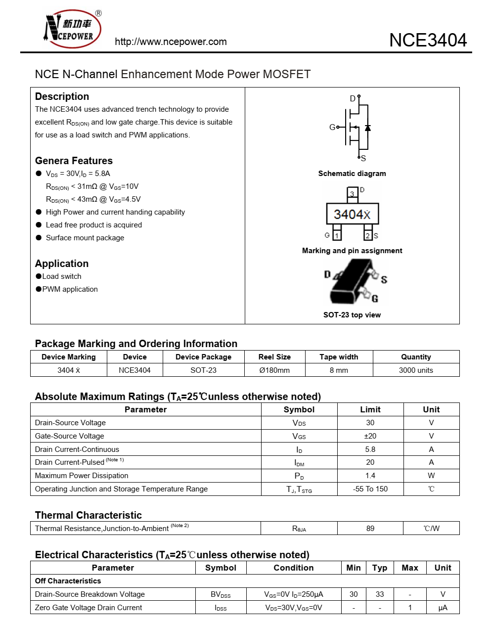 NCE3404封裝SOT23-3品牌新潔能，原廠技術(shù)支持