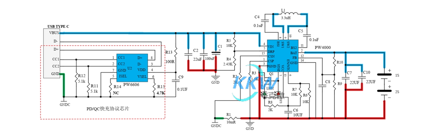 PD 和 QC 快充充電器 2A 給兩節(jié) 7.2V 磷酸鐵鋰電池充電芯片方案 PW4000 135號(hào)