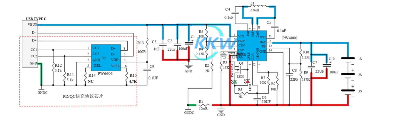 PD 和 QC 快充充電器 2A 給兩節(jié)鋰電池升降壓充電芯片方案板 PW4000 134號(hào)