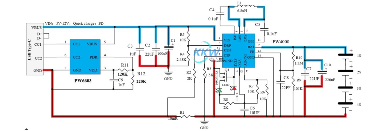 5V-12V 給四節(jié)串聯(lián)鋰電池充電芯片方案 PW4000， USB 快充輸入 120號(hào)